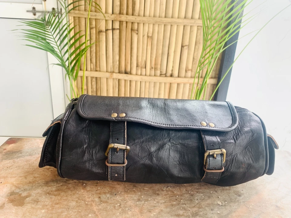 New Black Genuine Leather Motorcycle Bag Vintage Strap Tool 1 Large 1 Small Bag - Image 4 of 4