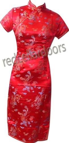 New Womens Poppy Red Satin Dress Cheongsam Dragon & Phoenix Sizes 32 34 36 40 - 第 1/6 張圖片