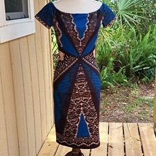 Jealous Tomato Dress Womens S Off Shoulder BodyCon Blue Geometric Print Zip Back