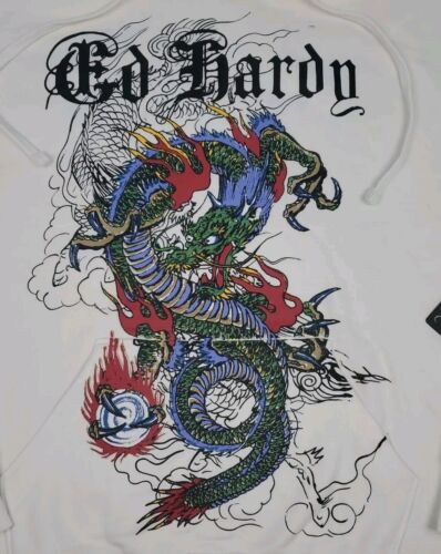 Ed Hardy Japan Drache elfenbeinweiß Pullover Hoodie Herren Extra Large neu mit Etikett - Bild 3 von 10