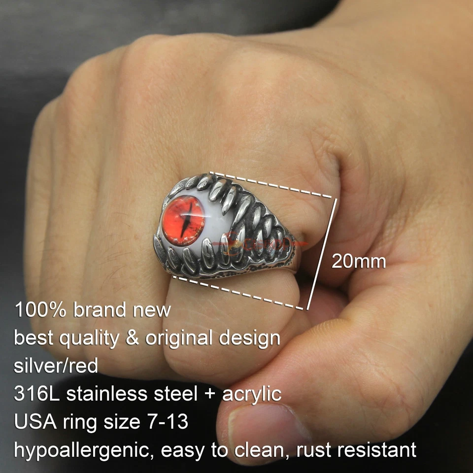 Anillo de acero inoxidable para hombre rojo rojo gato malvado serpiente ojo de diablo dientes de dragón Foto 2 de 4