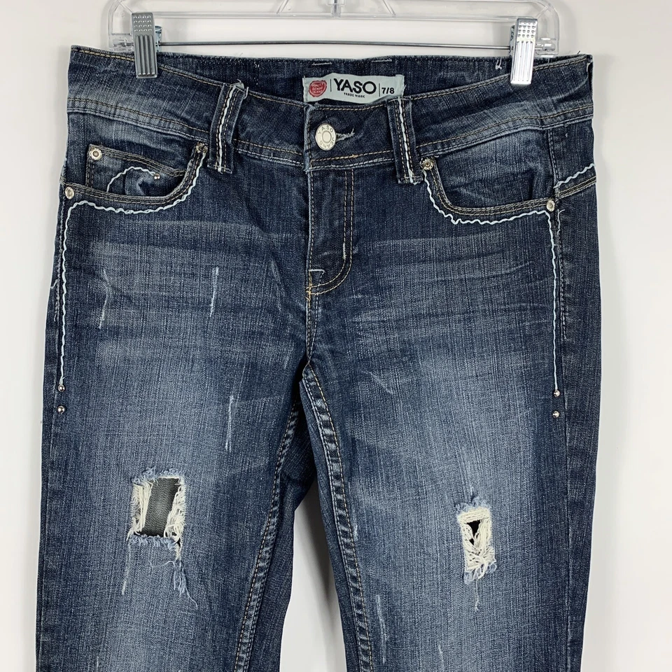 Yaso Jeans Size 7 / 8 Boot Blue Dark Wash Mid Rise Distressed Stretch Bootcut - Image 2 of 4