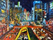 Oil painting. ORIGINAL. Colorful Night city cityscape. Signed. Impressionism