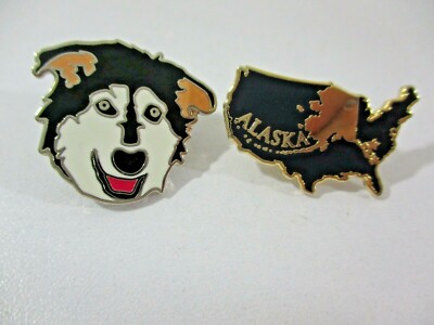 Alaska State Outline and Malamute or Husky Dog Pins, Tie Tacs
