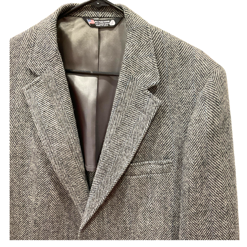 44R Blazer Suit Coat Sport Jacket Mens Tweed Herringbone Black Gray Blue vintage - Picture 5 of 14