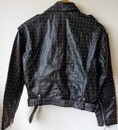 ZARA STUDDED LEATHER BIKER JACKET SIZE M MEDIUM SOLD OUT BELTED BNWT - Picture 2 of 11