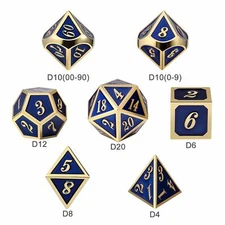 Set of 7 Metal Dice - Blue and Gold - Includes D4, D6, D8, D10, D12, D20 and D%