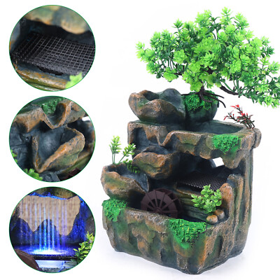 Resin Tabletop Rockery Fountain Waterfall Bonsai w/ LED Light Home Office Decor