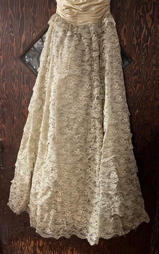 Vintage Taffy's Of CA Beige Tiered Lace Cupcake Wedding Dress Gown Strapless Zip - Picture 5 of 8