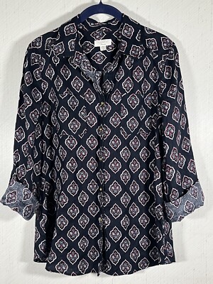 Charter Club Luxury Linen Blouse All Over Print Blue & Red Front Button Shirt M