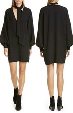 GANNI Long Sleeve Tie Neck Heavy Crepe Mini Dress Black US 8 EU 40 Org $425