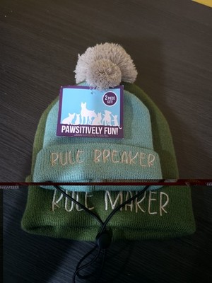 NWT Pawsitively Fun Owner & Pet Beanie Hats Rule Maker/Breaker Green Pom Pom