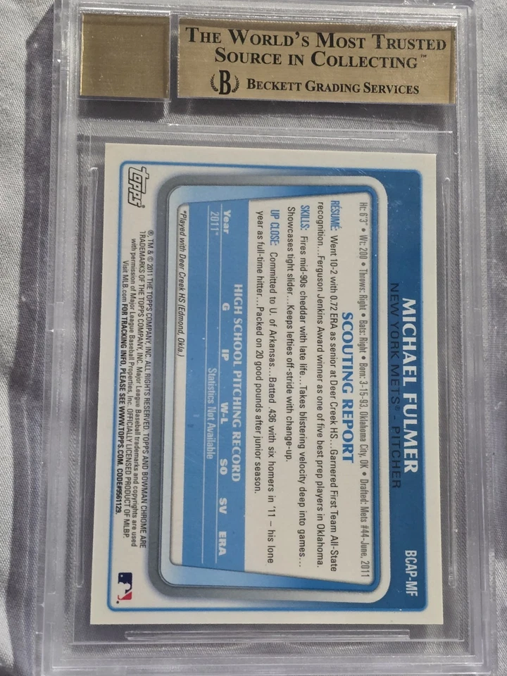 Bowman Chrome Draft 2011 Michael Fulmer firmado automático 10 #MF BGS 9,5 gema como nuevo Foto 2 de 2