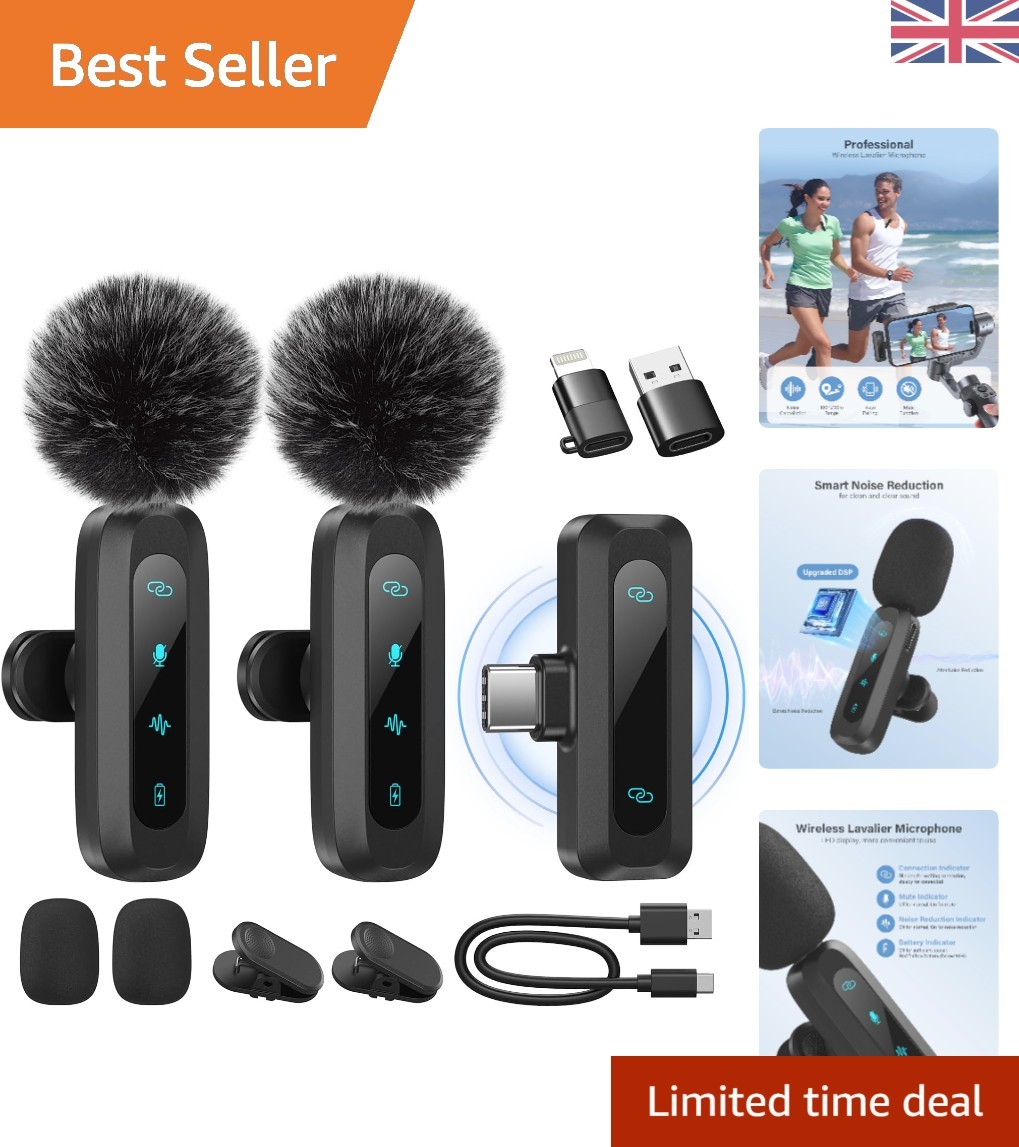 2-Pack Wireless Lavalier Microphone for iPhone & Android - Noise Reduction & ...
