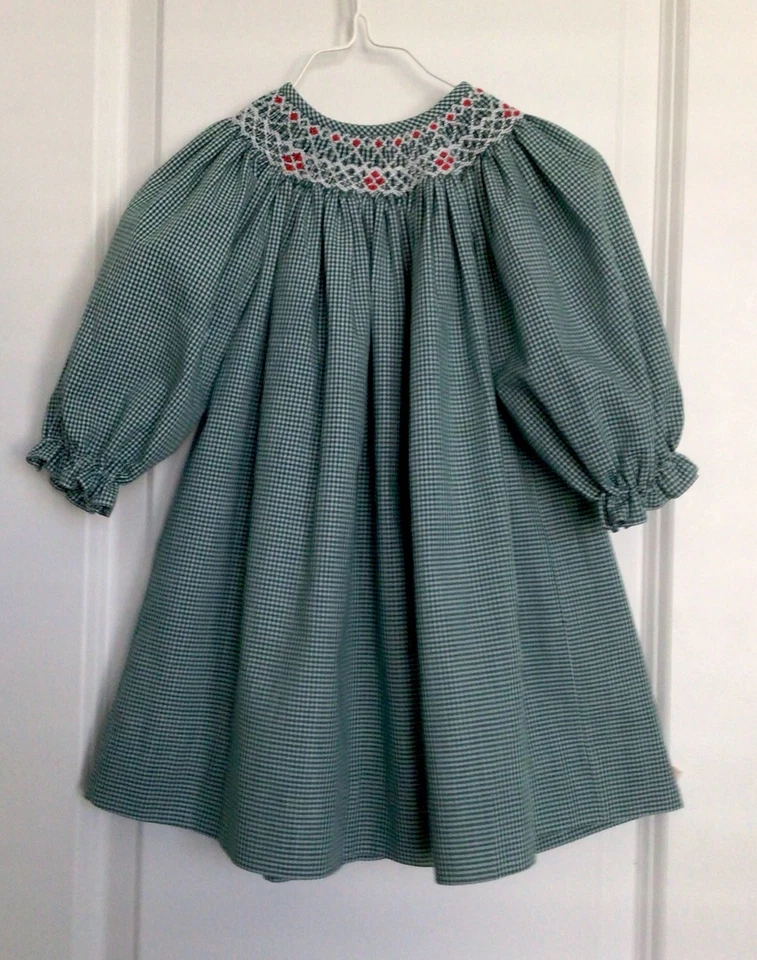 SILLY GOOSE-12M-Baby Girl Holiday Dress-Smock/Embroider-Green Gingham-Long Slv. - Image 2 of 4