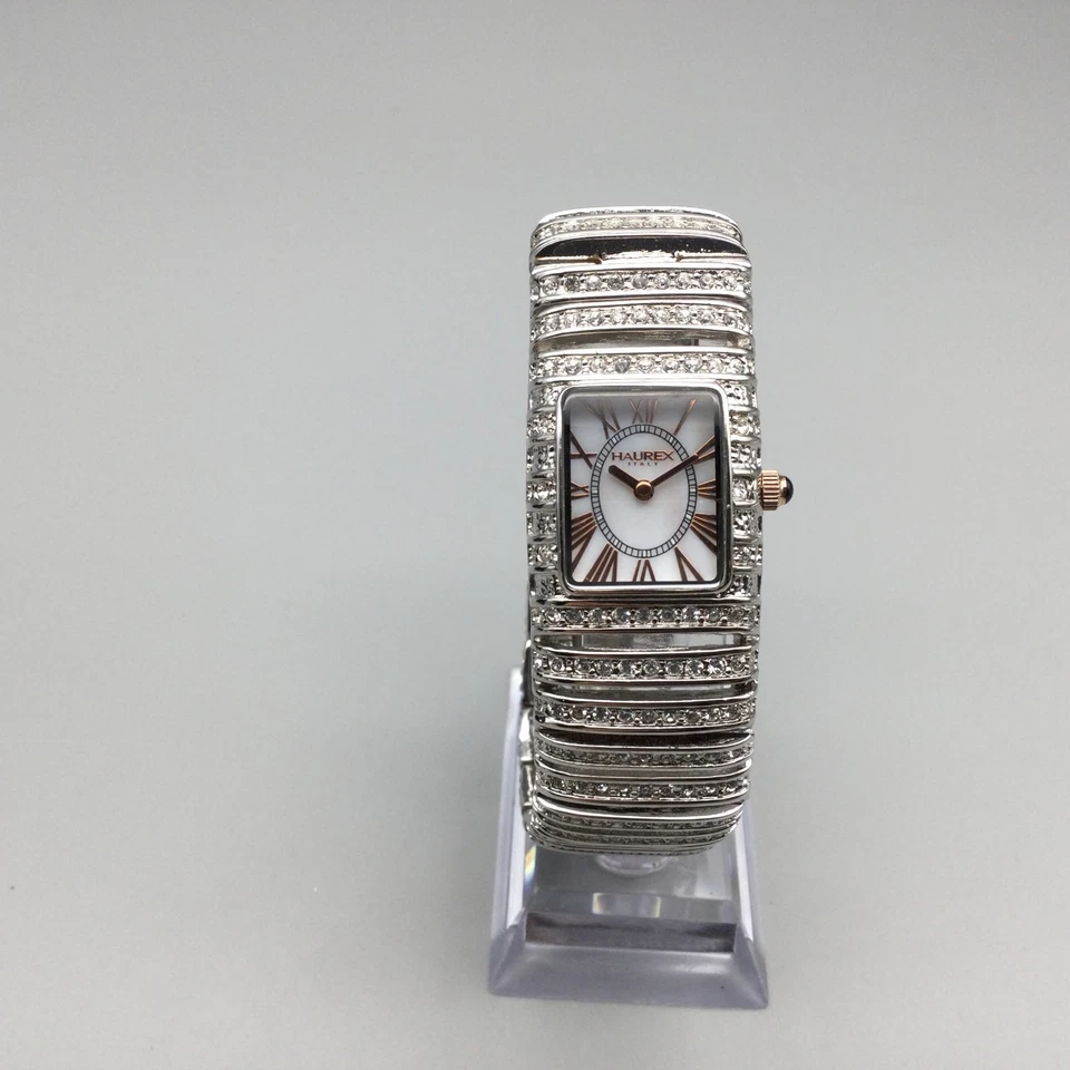 Haurex Italy Watch Women 24mm Crystals Silver Tone Bling MOP New Battery 7.5" - Image 2 of 4