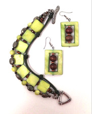 Silpada B1132 Green Pyrite MOP Leather Sterling Bead Bracelet, Sz 7.5 + Earrings