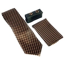 Men's Brown Plaids Checks Necktie Hankie Cufflinks Set with Gift Box