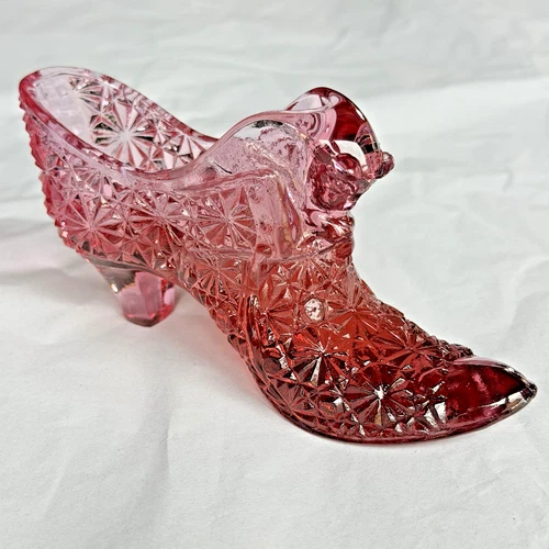 Vintage Fenton Shoe Cranberry Pink Glass Daisy & Button Cat Head Slipper 5.5”