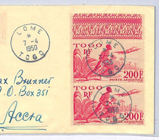 TOGO Air 200f HIGH VALUE Pair *Lome* BLUE 1950 CDS Reg d Cover France Cols WX190