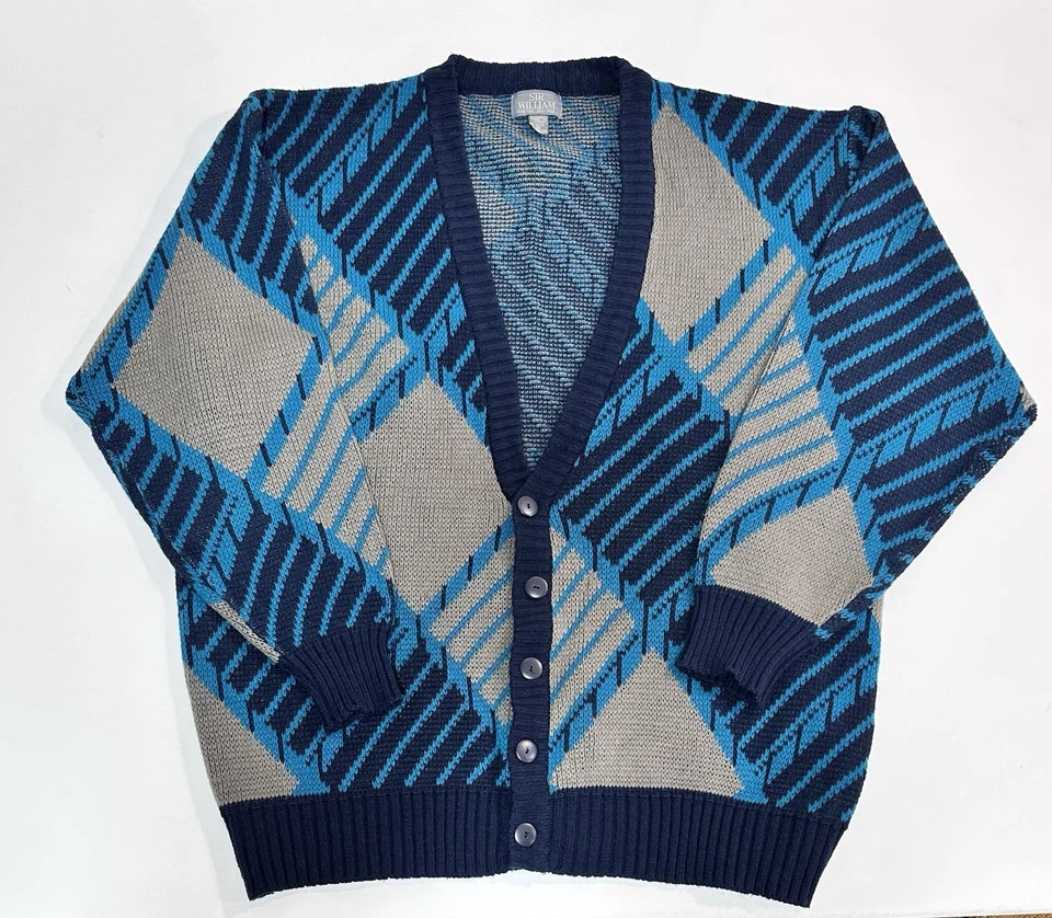Vintage Sir William Sweater Mens XL Tall Blue /Gray Cardigan Geometric Knit 90s - Image 2 of 4