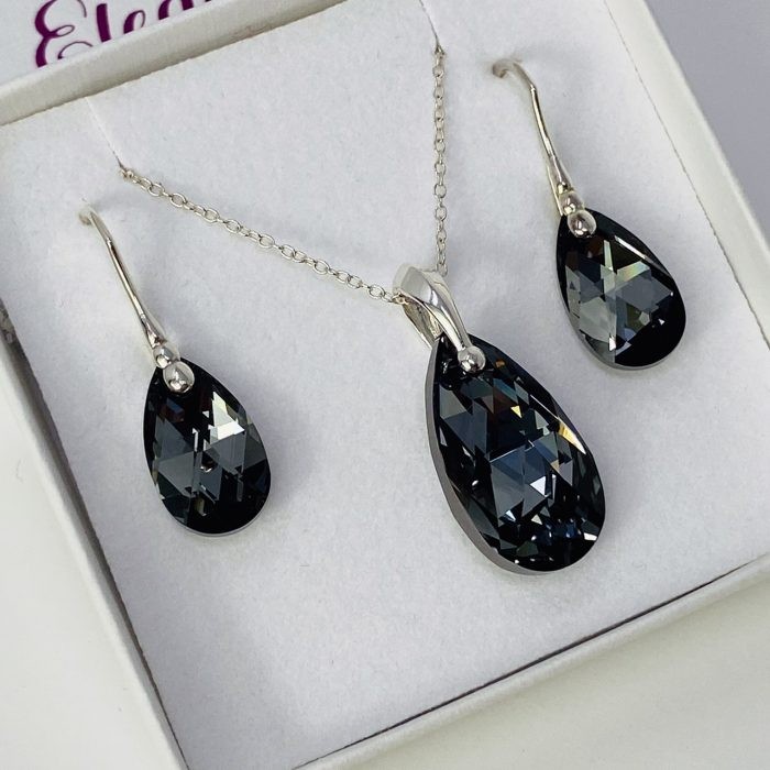 925 Silver Large Pear Pendant Necklace Earring Black SN Austrian Crystals