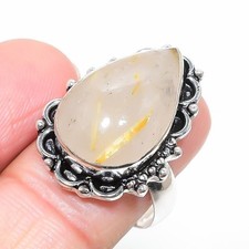 Golden Rutilated Quartz Gemstone 925 Sterling Silver Jewelry Ring Size 8 US 