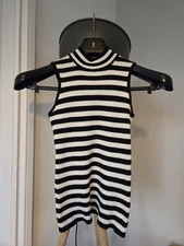 Rumour London Henley Stripe Black White Sleeveless Top Merino Wool Luxe XS UK 6