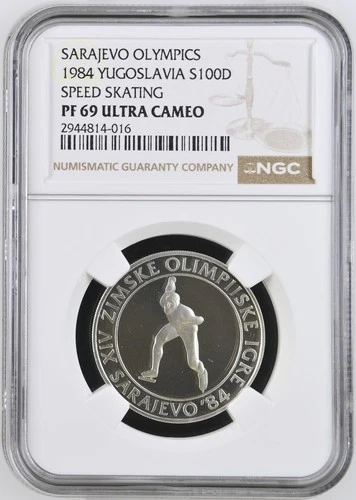 1984 YUGOSLAVIA S100D SPEED SKATING SARAJEVO OLYMPICS NGC PF 69 ULTRA CAMEO