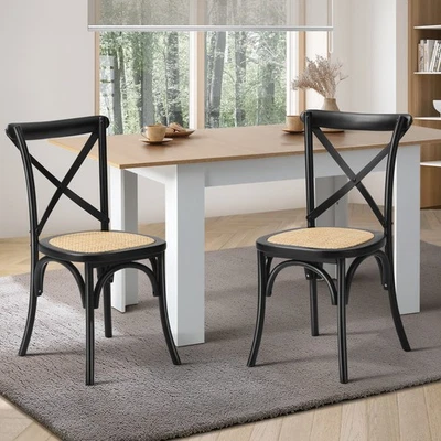 Oikiture 2PCS Crossback Dining Chair Solid Birch Timber Wood Ratan Seat Black - image 1 of 4