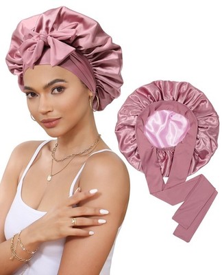 Double Layer Satin Sleep Bonnet Elastic Tie Band for Curly Hair Bean Paste Pink