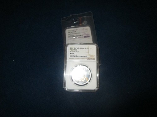 Mongolia 250t Aquarius Zodiac 24kt gold .925 silver 1/2 oz coin 2007 NGC MS69 - Picture 10 of 12