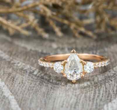 Teardrop Shape Sterling Silver Three Stone Moissanite Pear Cut Engagement Ring