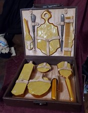 Antique Yellow Marble Bakelite Art Deco Celluloid 10 Pc. Vanity Set w/Case