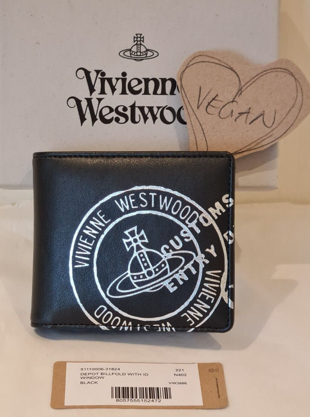 Vivienne Westwood Depot Billfold Wallet Black Vegan Leather Orb Logo ID New Box