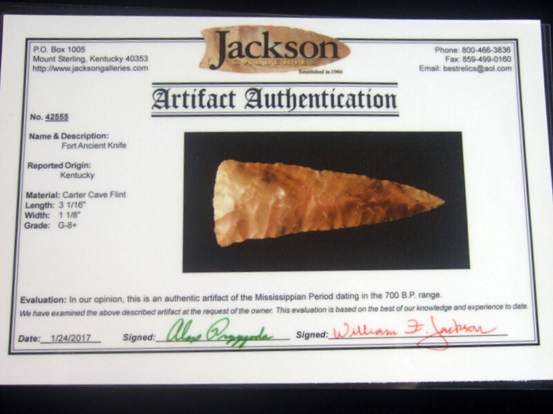 Exceptionally Fine 3 1/16inch Kentucky Fort Ancient Knife Jackson COA Arrowheads