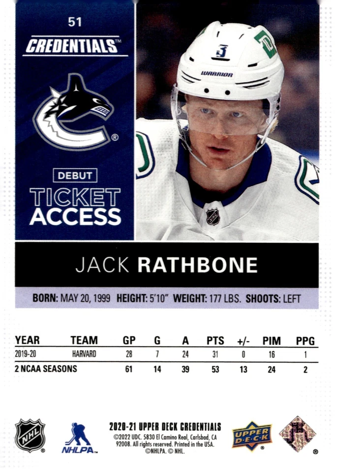 Jack Rathbone - 2020-21 UD Credentials Debut Ticket Access Purple /10 RC #51 - Image 2 of 2