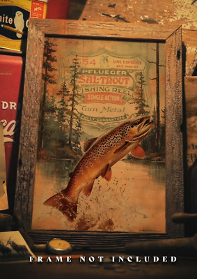 Vintage Fly Fishing Art Print 11x17 Pflueger Fishing Reel  Brown Trout Artwork