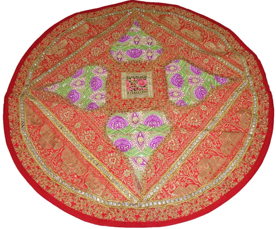 Tablecloth Runner Sofa Throw boho Tapestry Round Floor Rug Sari Patchwork beaded - Image 2 of 4