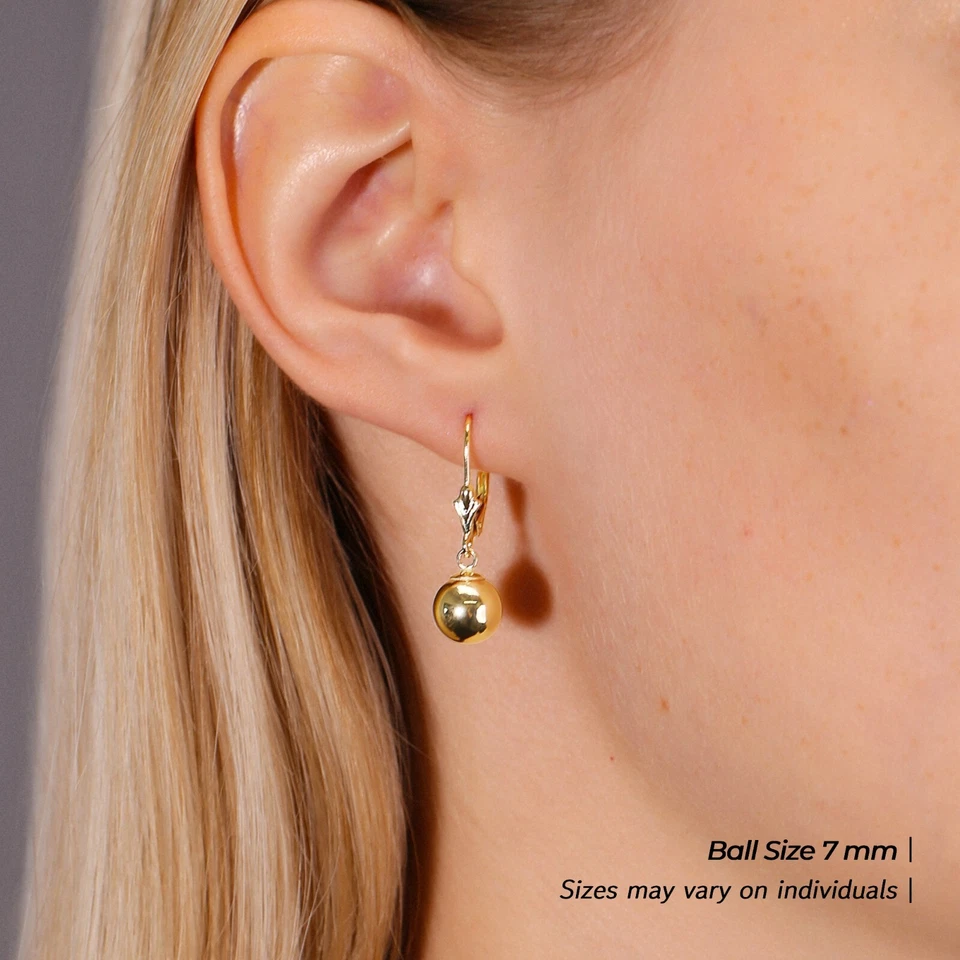 14K Real Solid Yellow Gold Shiny Polished Round Ball Dangle Drop Hoop Earrings - Image 4 of 4