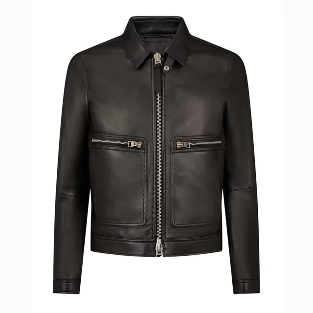 Men Black sheepskin Leather Bomber jacket Classic Coat Flight Pilot Crew Casual
