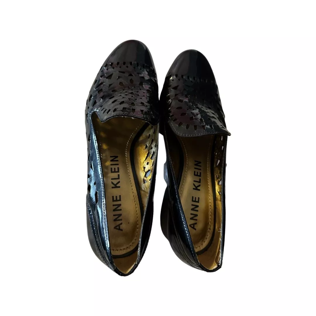 Anne Klein Judeena Black Patent Perforated Heels Pumps Shoes