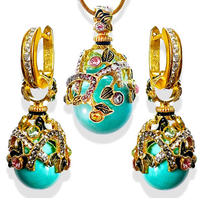 925 Silver Turquoise Faberge Art Deco Egg Jewelry Set Swarovski Crystals Enamel