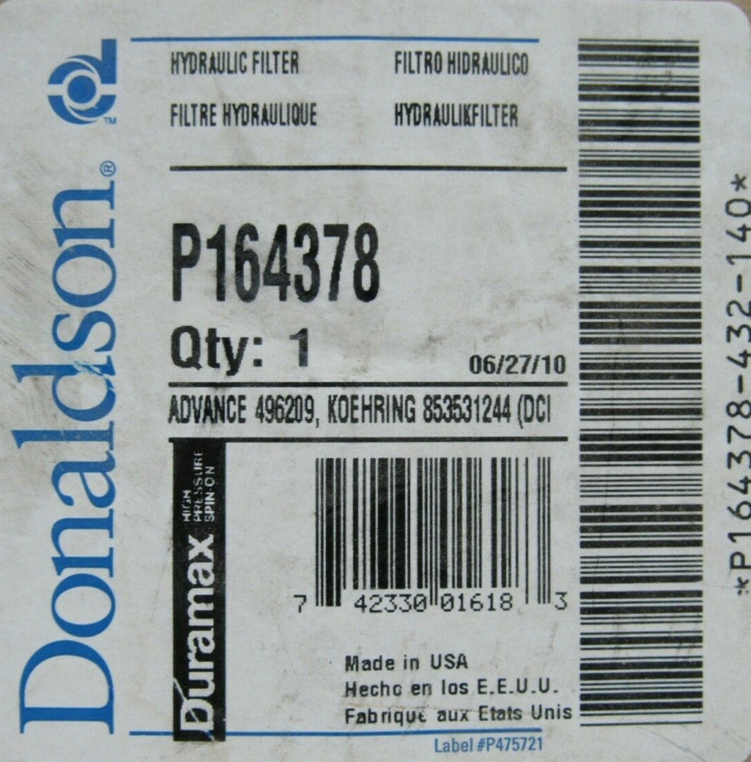 NEW DONALDSON P164378 HYDRAULIC FILTER | eBay