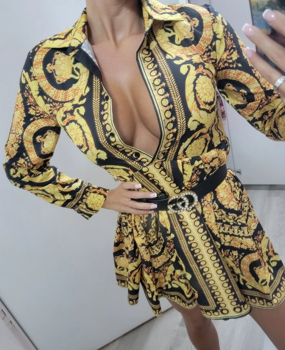 VERSACE Abito Moda Donna Oro Nero Stile Designer Cintura Scollo V Profondo Non Incluso