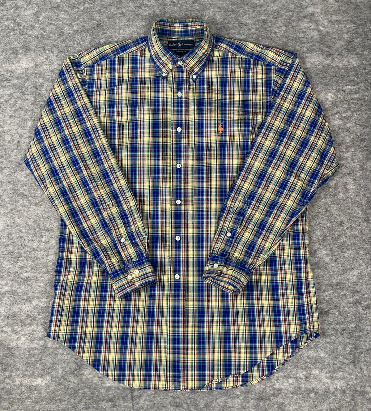 Camicia Ralph Lauren vintage uomo M multicolore a quadri con bottoni arancione pony