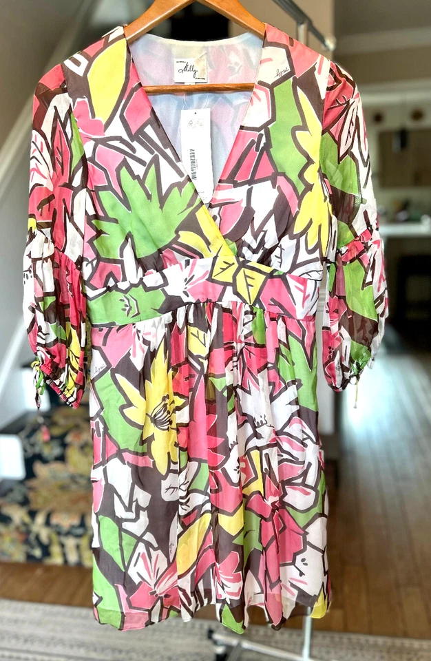 Mini Vestido Vintage Milly Y2K Floral Brillos Cuello en V 100% Seda Ligero Talla 6 Foto 2 de 4