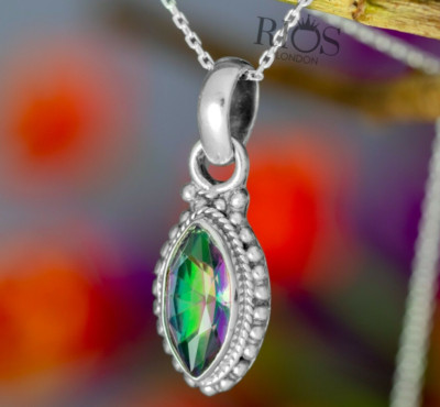 925 Sterling Silber Mystic Feuertopas Natur Edelstein Halskette Geschenk Box