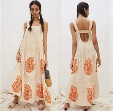 Anthropologie Felicity Embroidered Maxi Dress •S• Neutral Beige Pockets