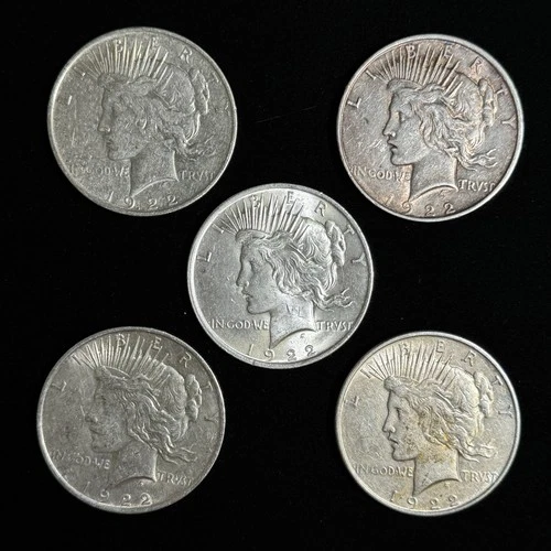 5 Lot - 1922 Mixed Peace Dollars - VF-EF Condition - 90% Silver 1 Dollar Pieces